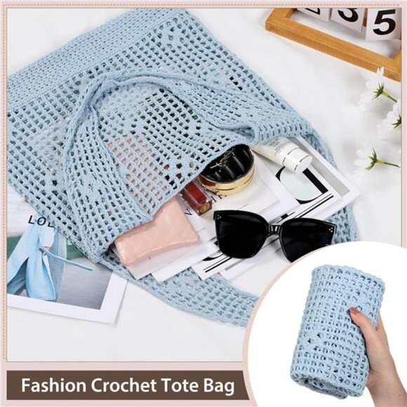 Crochet Tote Bag, Mesh Beach Bag Blue - Picture 4 of 7